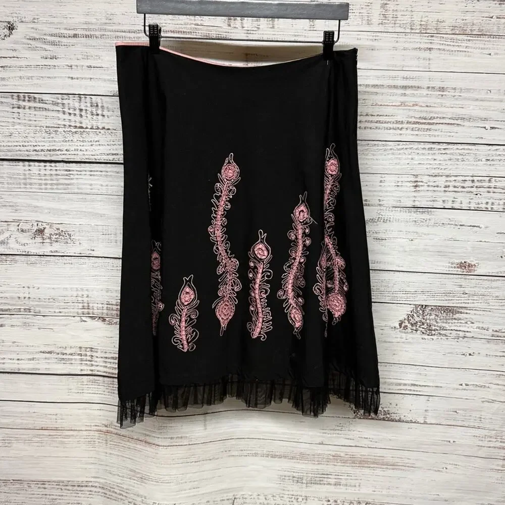 Anthropologie Basil & Maude Embroidered Flare Skirt Black Pink Size 14
